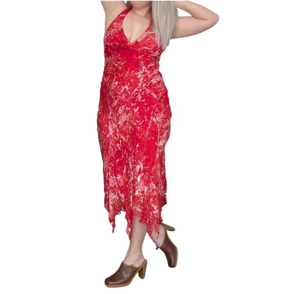 Vintage Y2K Silk Velvet Burnout Halter Dress Red Handkerchief Hem Red Bimbo Pink - Picture 2 of 8